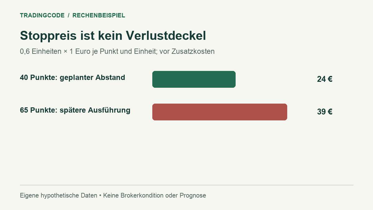 Bei 0,6 Einheiten ergeben 40 Punkte Abstand 24 Euro Verlust; 65 Punkte bis zur tatsächlichen Ausführung ergeben 39 Euro, jeweils vor Zusatzkosten.