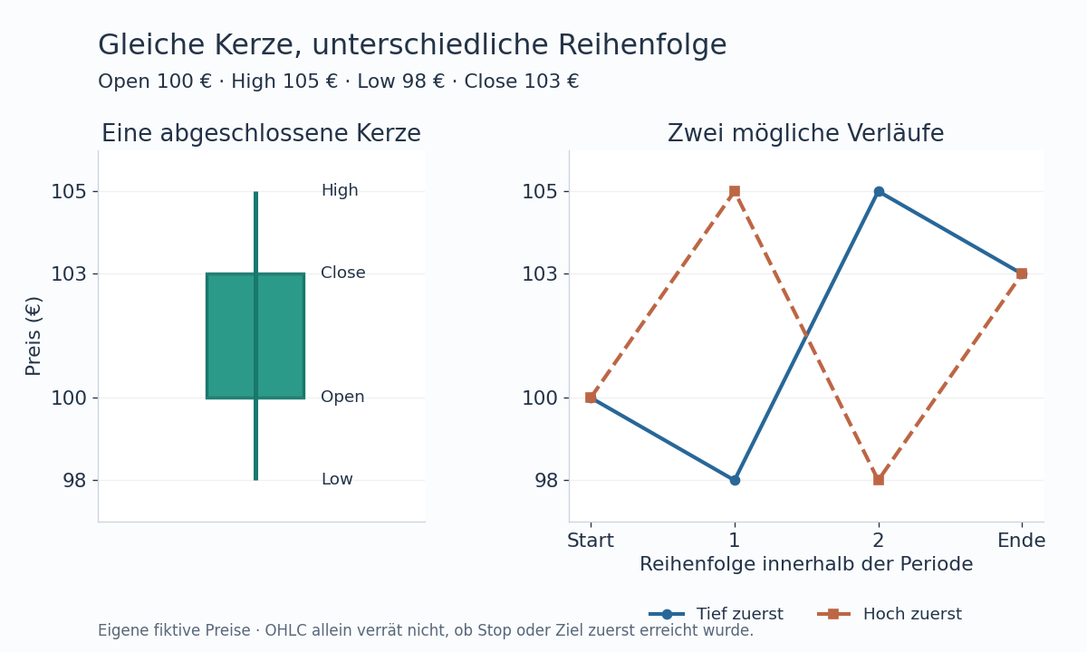 Kerze mit Open 100, High 105, Low 98 und Close 103 Euro. Zwei Linien zeigen, dass zuerst das Tief oder zuerst das Hoch erreicht worden sein kann.