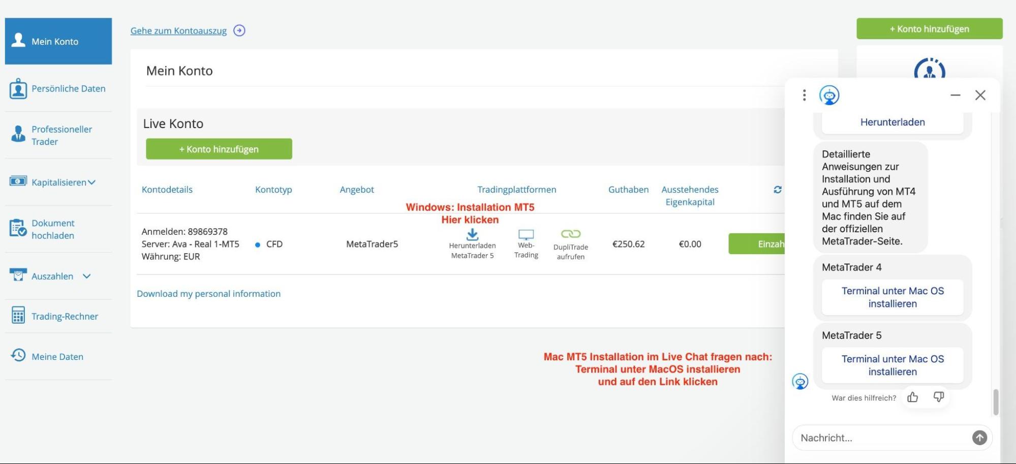 AvaTrade Kundenbereich – MT5 Download