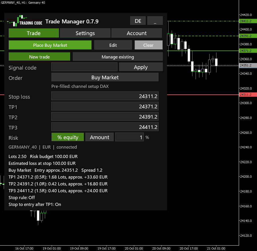After Check order: Buy Market with the DAX channel setup, 2.50 lots at 1% risk, the 4:1:1 split over three targets